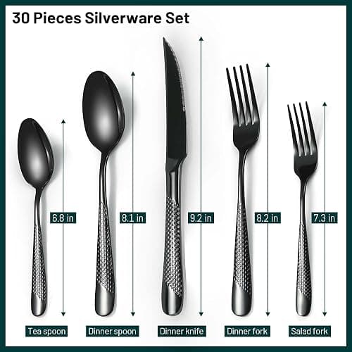 PUREAIN Silverware Set, 30 Pieces Black Hammered Flatware Set for 6, Mirror Polished Stainless Steel Cutlery Set for Home, Kitchen, Restaurant and Hotel, Dishwasher Safe thumbnail 3