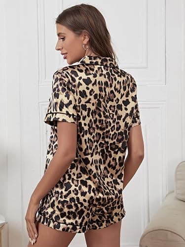 WDIRARA Women's Sleepwear Leopard Print Satin Shirt and Shorts Pajama Set - Small - Multicolored thumbnail 2