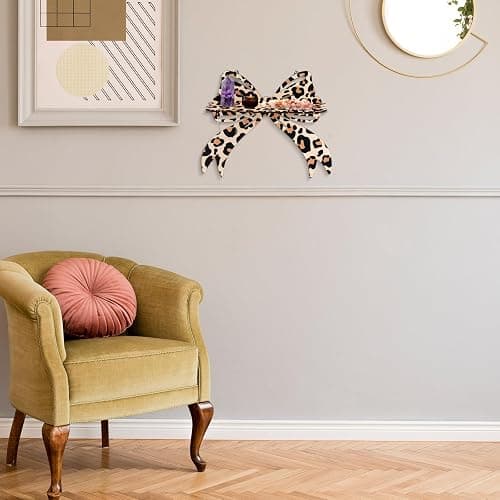 Pinkunn 2 Pcs Leopard Bow Wall Shelves Brown Cheetah Floating Crystal Display Rack with Screws Wooden Decorative Shelves Wall Mount Rustic Home Decor for Crystals Stone Sundries Storage thumbnail 6