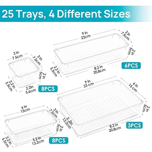 Vtopmart 25 PCS Clear Plastic Drawer Organizers Set, 4-Size Versatile Bathroom and Vanity Drawer Organizer Trays, Storage Bins for Makeup, Bedroom, Kitchen Gadgets Utensils and Office thumbnail 2