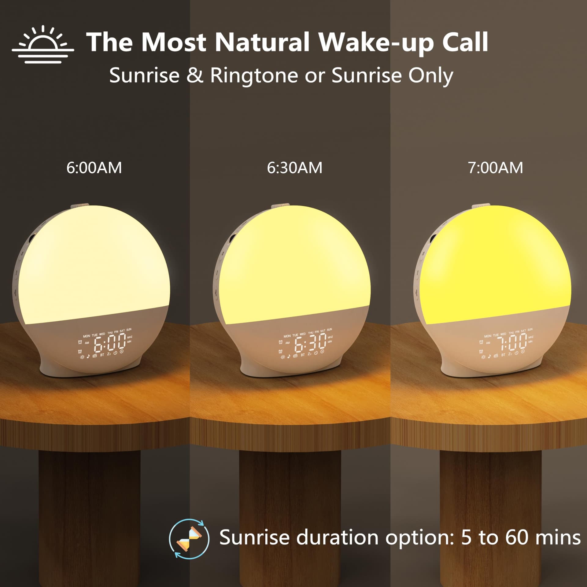 Upgraded Wake-up Light, Smart Sleep Alarm Clock for Kids Adults, Sunrise Sunset Simulation, 7 Natural Sound Machine,FM Radio, 7 Colors LED Night Light, Bedroom Decor Sleep Aid for Hard Sleepers thumbnail 6