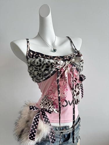 Xiulaiyi Gyaru Scene Clothes Vintage Harajuku Tank Tops Y2k Whimsy Twee Leopard Print Cami Scenecore Camisole thumbnail 4