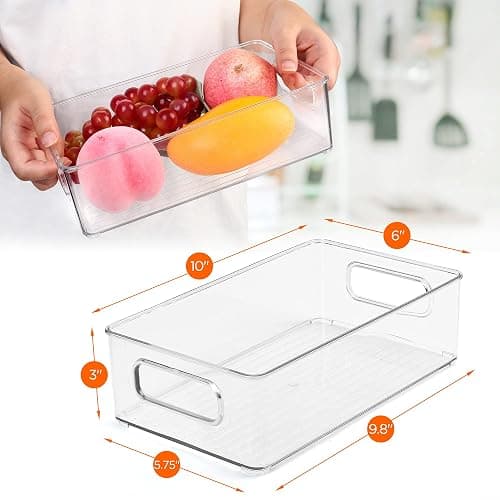 LotFancy Refrigerator Organizer Bins, 4 Pack,10x6x3 in, BPA Free Clear Plastic Storage Bins for Pantry Organization, Stackable Containers with Handles for Fridge, Kitchen Drawer, Freezer, Cabinet - 10'' x 6'' x 3'' thumbnail 2