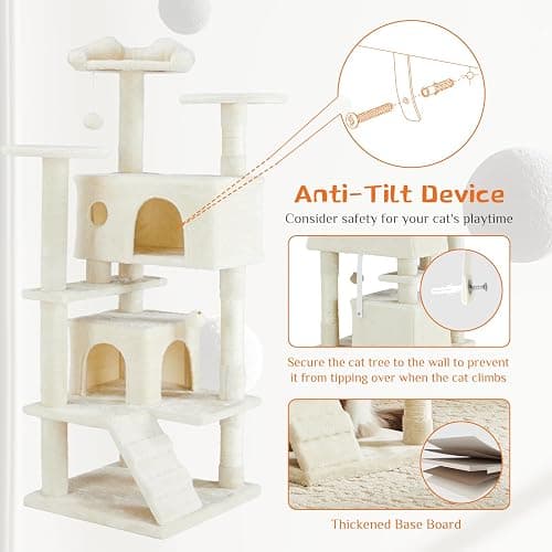 Sweetcrispy 54-inch Cat Tree Tower with Scratching Posts, Indoor Use | Multi-Level Indoor Cat Tree Condo with Climbing Ladder, Plush Toy, Play House for Kitten, Beige thumbnail 6