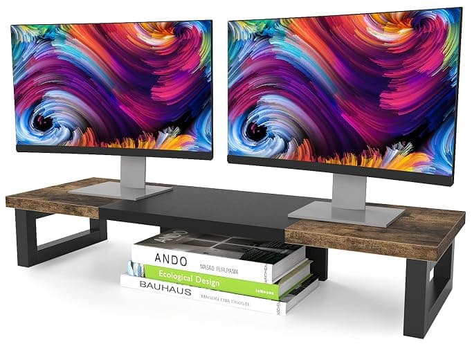 WESTREE Dual Monitor Stand Riser, Wood and Steel Multi-Purpose Desktop Storage Stand for 2 Monitors for Computer, Laptop, Printer, TV, Rustic Brown - Image 1