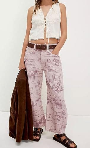 loveimgs Women Boyfriend Baggy Barrel Jeans Floral Print Denim Ankle Pants Wide Leg Mid Rise Jeans Sweatpants Y2k Patchwork thumbnail 3