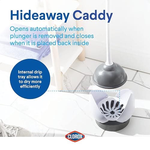 Clorox Toilet Plunger with Hideaway Holder Caddy Heavy-Duty Compact Design with Non-Skid Rubber Base for Bathroom Convenient Storage Toilet Unclogger, 6.5x19.5-Inch, White thumbnail 9