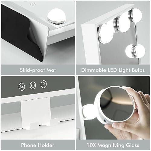 Kottova Miroir de Maquillage avec lumières, Miroir de Table 30x36 cm, 3 Modes d’éclairage réglables par capteur Tactile, Miroir grossissant Amovible 10X (Petit miroi Rond), Cadre en métal – Blanc thumbnail 7