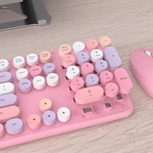 UBOTIE Colorful Computer Wireless Keyboard Mice Combo, Retro Typewriter Flexible Keys Office Full-Sized Keyboard, 2.4GHz Dropout-Free Connection and Optical Mouse (Pink-Colorful) thumbnail 4
