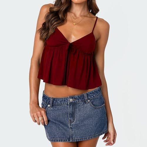 Women's Y2K Babydoll Cami Top Sleeveless V Neck Tie Front Crop Top Ruffle Hem Peplum Tank Shirt Going Out Camisole thumbnail 2