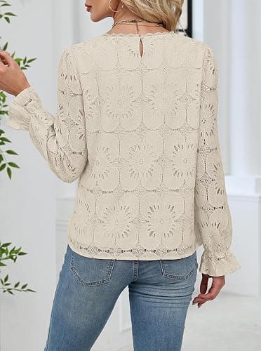 UNCOOYEE Blouses for Women Dressy Casual Eyelet Square Neck Long Sleeve Embroidered Lace Crochet Boho Tops Fall Fashion 2025 thumbnail 3
