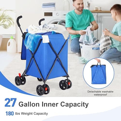 Folding Shopping Cart with Wheels,Foldable Shopping Cart for Groceries,Large Capacity 120lbs Utility Cart,Hulken Bag with Wheels for Laundry Grocery, Baggage, Picnic (Blue) thumbnail 7