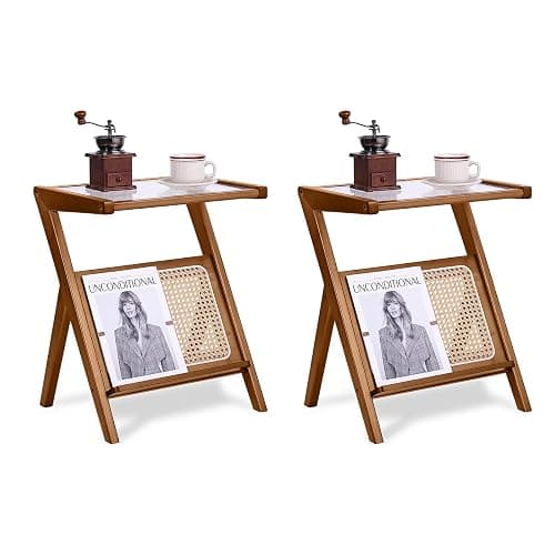 Tiita 2 Pack Rattan Side Table, Mid Century Nightstand, Bamboo Accent Bedside Tables, Glass Coffee Tables, Boho Wooden End Table with Storage for Small Space, Living Room and Bedroom - Image 1