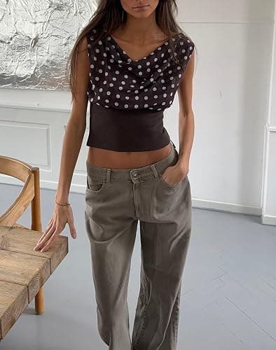 Y2k Polka Dot Tank Top for Women One Shoulder Sleeveless Halter Crop Top Backless Camisole with Scarf thumbnail 2