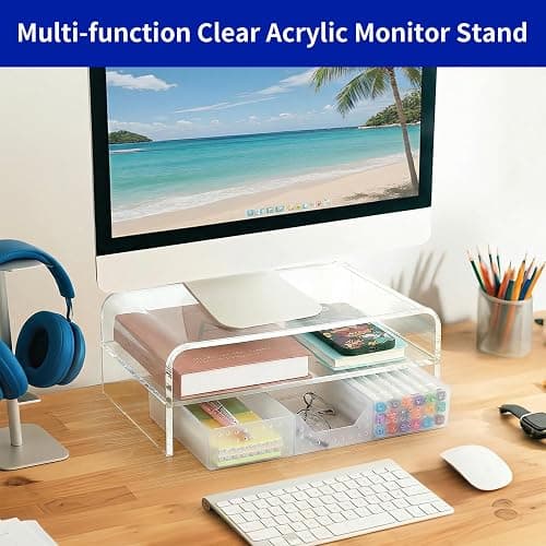 OPNICE Acrylic Clear Desk Organizers and Accessories, 2-Tier Computer Monitor Stand Riser with Drawer, Laptop Stand, Office Desk Accessories for Office Supplies, Transparent thumbnail 5
