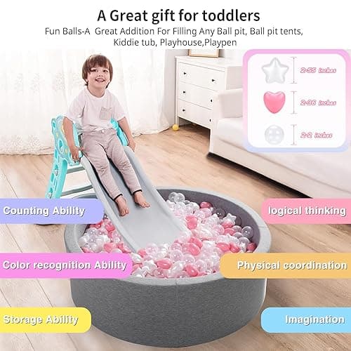 Heopeis Ball Pit Balls 100 200 500 1000 Plastic Balls for Toddlers Phthalate Free BPA Free Crush Proof Balls in Reusable Play Toys for Kids with Storage Bag Indoor Outdoor - Pink+pearl White+clear - 100 thumbnail 4