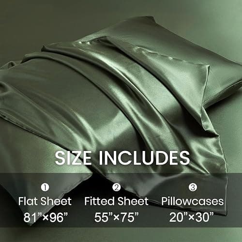 Revdomfly 4 Pcs Full Size Luxury Silky Soft Olive Green Satin Sheet Set,1 Premium Moisture Wicking Fitted Sheet Fits Up to 16 Inches Deep Pocket + 1 Flat Sheet + 2 Pillowcases（Olive Green, Full） thumbnail 5
