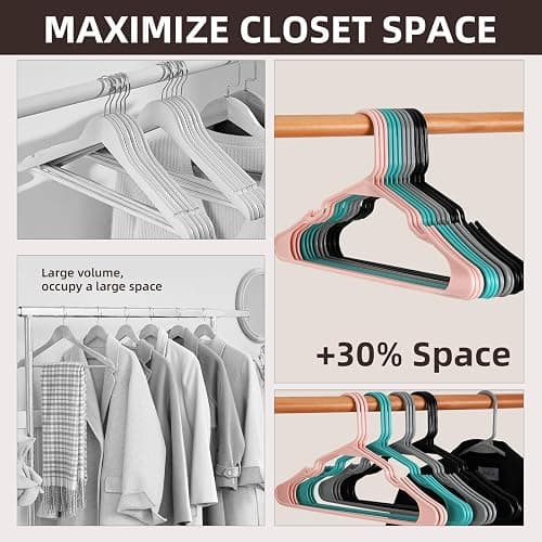 Plastic Clothes Hangers Without Notches,Clothes Hanger Space Saving,Replete 2 Hooks Inside,Sturdy Design for All Garments (40, Black B) thumbnail 4
