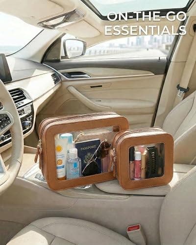 LETGO Clear Makeup Bag Organizer Set, Travel Toiletry Bag Cosmetic Case for Women, Portable Make up Skincare Pouch Car Organizer Bag with Zippers for Essentials (2Pack-Standard & Square, Brown) thumbnail 4