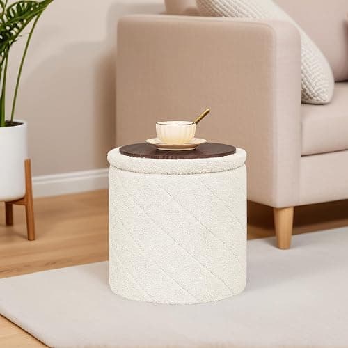 B FSOBEIIALEO Ottoman with Storage, 33cm Boucle Round Ottoman, Cream White | Ottomans with Removable Tray Lid, Foot Rest Stool, Twisted Design Coffee Table, for Dorm, Living Room thumbnail 7