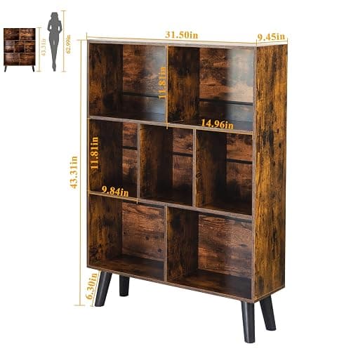 LEYAOYAO Cube Bookshelf 3 Tier Mid-Century Rustic Brown Modern Bookcase with Legs,Retro Wood Bookshelves Storage Organizer Shelf,Freestanding Open Book Shelves for Bedroom,Living Room,Office thumbnail 2