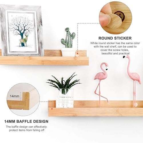 YOYAI Natural Bamboo Floating Shelves Rustic Wood Wall Shelves Wooden Wall Storage Organizer Home Decor Living Room Kitchen Bedroom (Natural, 13.8 in) thumbnail 5