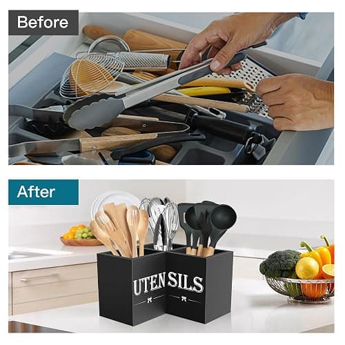 Suli Extra Large Kitchen Utensils Holder with 3 Compartments,Corner Utensil Caddy for Countertop,Wooden Utensil Organizer for Kitchen Countertop, Farmhouse Decor- Black thumbnail 6