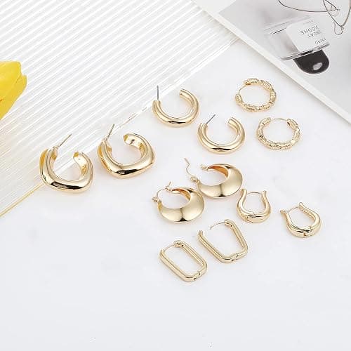 6 Pairs 14K Gold Plated Hoop Earrings for Women Lightweight Chunky Hoop Earrings Multipack Hypoallergenic, Thick Open Twisted Huggie Hoops Earring Set Jewelry for Gifts. thumbnail 6