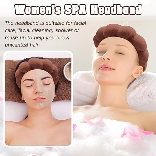 Zkptops Spa Headband for Washing Face Wristband Set Sponge Makeup Skincare Terry Cloth Bubble Soft Get Ready Hairband for Women Girl Puffy Padded Headwear Non Slip Thick Hair Accessory(Dark Brown) thumbnail 3