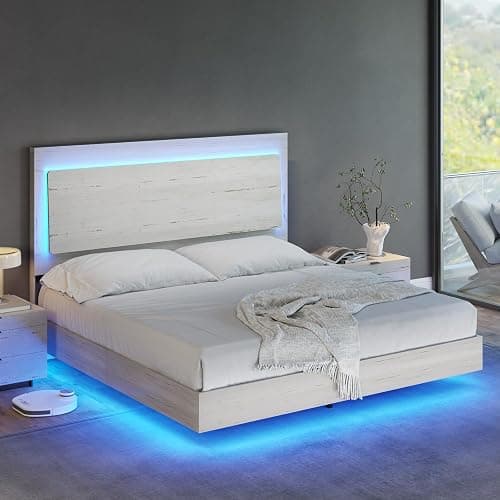 AMERLIFE Full Bed Frame, Farmhouse Floating Bed Frame with Recline Headboard, Platform Bed with LED Light, No Box Spring Needed/Noise Free, Distressed White - Image 1