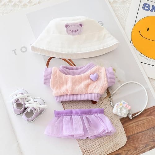 Clothes for Dolls Accessories, Stylish Kawaii Purple Outfit Set 5 Pieces Suitable for 15cm 17cm Doll (No Doll Included), Doll Hat Clothing Set Replacement thumbnail 2