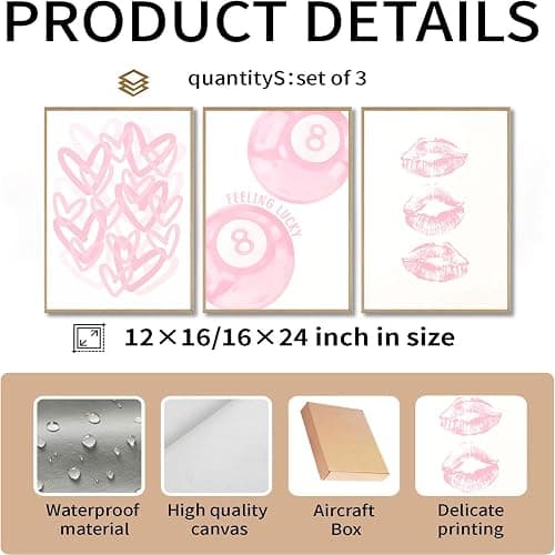 3Pcs Trendy Pink Preppy Canvas Wall Art Light Pink Cute Girly Lips Lucky 8 Ball Hearts Paintings Pictures Wall Decor Coquette Poster Printing Artwork for College Dorm Room Bedroom Home Decoration thumbnail 3