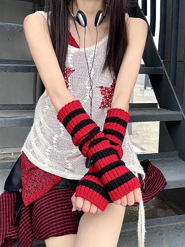 Y2k Striped Arm Warmers Long Fingerless Knitted Gloves Punk Gothic Alt Emo Scene Cool Winter Arm Sleeves Grunge Accessories thumbnail 7
