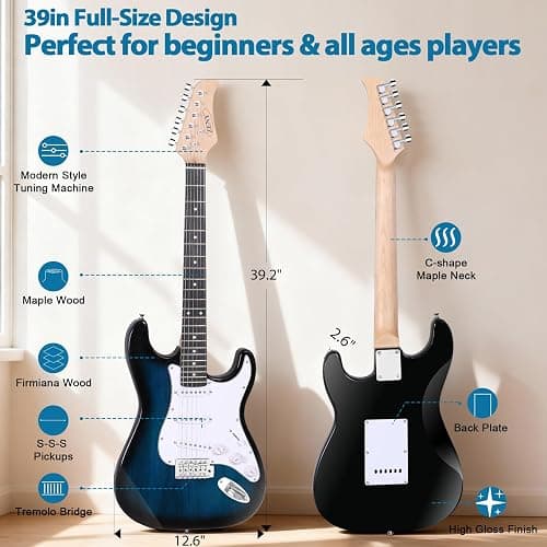 ZENY 39" Full Size Electric Guitar with Amp, Case and Accessories Pack Beginner Starter Package, Blue Ideal Christmas Thanksgiving Holiday Gift thumbnail 3