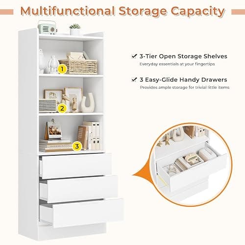 DICTAC 73.23'' Tall Storage Cabinet Bookcase with 3 Drawers and 3-Tier Open Shelves Wooden Bookshelf Kitchen Pantry Storage Organizer Cabinets for Living Room, Study, Kitchen,Bathroom,White thumbnail 7