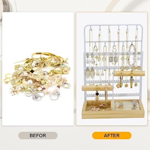 JONKASIPA Jewelry Holder Organizer Stand 4-Tier Necklace Stand Earring Holder with Wooden Tray, Jewelry Rack for Bracelets Watches and Rings Display Stand, Gifts for Women & Girls-White thumbnail 4