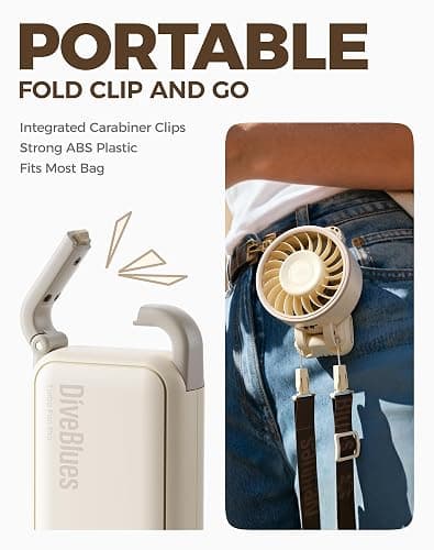 Diveblues Portable Handheld Fan, 7.4m/s High Speed Turbo Fan, 180° Foldable 4-in-1 Personal Neck Fan Carabiner Clip, 100 Speed Stepless Control, USB-C Rechargeable for Travel, Makeup Hot Flashes,D6036 thumbnail 3