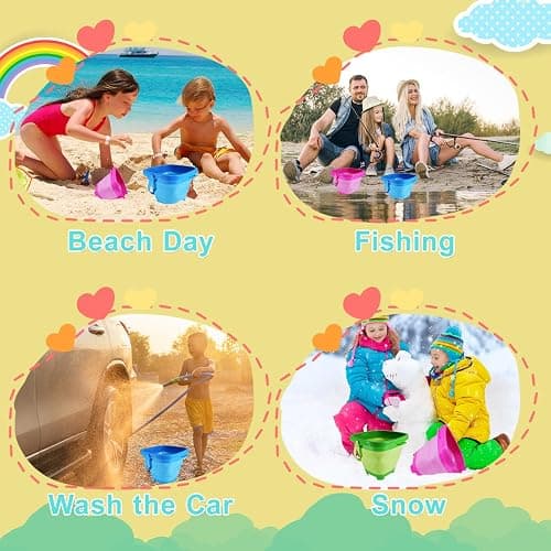 Holady Beach Bucket Sand Toy for Kids,10 PCS Kids Foldable Sand Bucket, Foldable Bucket Portable Silicone Pail and Beach Shovels Set for Kids Beach Play thumbnail 4