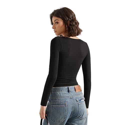 SUUKSESS Women Double Lined Casual V Neck Crop Tank Tops Basic Long Sleeve Shirts thumbnail 5
