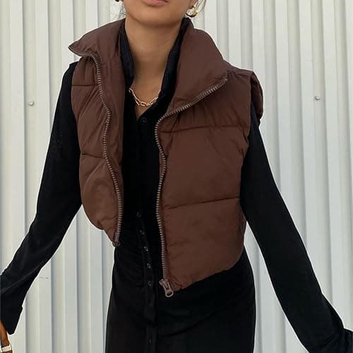 Shiyifa Women's Fashion High Neck Zipper Cropped Puffer Vest Jacket Coat thumbnail 3