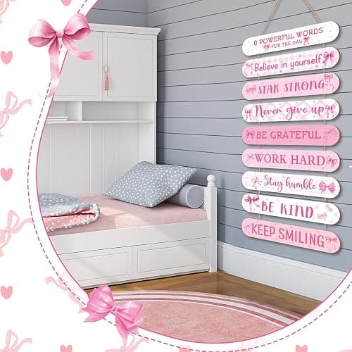 Beeveer Pink Coquette Bow Inspirational Wall Art Decoration Wooden Pink Coquette Party Hanging Sign Positive Quotes Wall Sign Gifts Supplies for Home Living Room Bedroom Bathroom Classroom Gym thumbnail 5