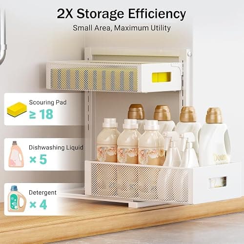 Petiza Under Sink Organizer Adjustable Height 2 Tier Bathroom Organizer Pull Out Cabinet Organer kitchen organizers and storage fridge organizers and storage,White,XL-1 Pack thumbnail 6