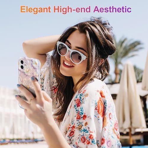EYZUTAK Case for iPhone 12, Colorful Retro Oil Painting Flower Laser Glossy Pattern Cute Curly Wave Border Exquisite Phone Cover Stylish Durable TPU Protective Case for Girl Women - Light Purple thumbnail 7