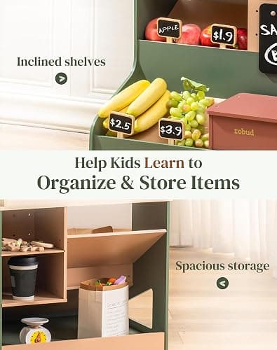 ROBUD Pretend Play Grocery Store with Lights, Supermarket Playset for Kids, Interactive Wooden Play Market Stand, Gift for 3+ Kids Boys Girls (Vintage Green) thumbnail 5