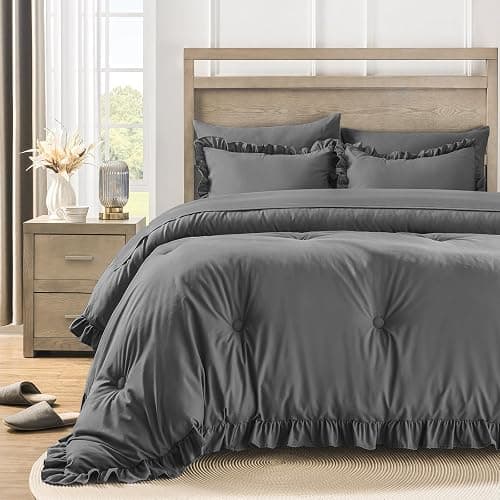 QUIETSEA Queen Bed in a Bag Dark Grey, 7 Pieces Comforter Set Queen | Ruffle Bedding Comforter Set, Shabby Chic Bed Set with Comforter, Pillowcases, Flat Sheet, Fitted Sheet and Pillow Shams - Image 1