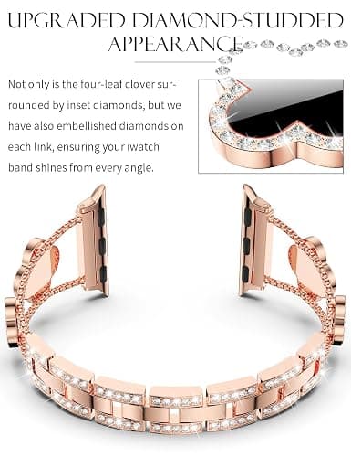 CTYBB Bling Diamond Band Compatible with Apple Watch Bands for Women 40mm 41mm 38mm 42mm Series 11 10 9 8 7 6 5 4 SE 3 2 1, Sparkle Metal Bracelet Wristband, Cute Lucky Clover Dressy iWatch Band,Rose Gold/Black thumbnail 4