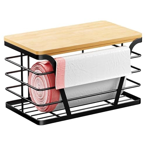TIDIIABODE Small Grocery Bag Holder, Trash bag holder with Removable Bamboo Top, Wall Mount, No Drill, Stainless Steel, Black - Image 1