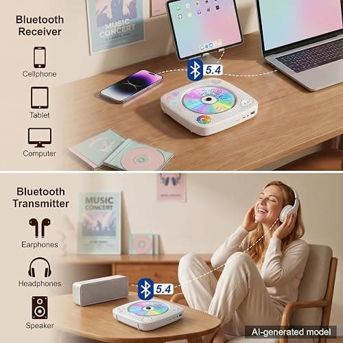 Gueray Portable CD Player Bluetooth: CD Players for Home Rechargeable Desktop Wall Portable CD Player with Bluetooth & Dual Speakers 1800mAh Boombox FM Radio USB Type-C MP3 Music Player thumbnail 3