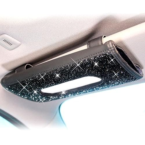 ChuLian Bling Bling Car Visor Tissue Holder | PU Leather Crystals Paper Towel Cover Case & Glitter Sunglasses Clip for Women Black Diamond thumbnail 3
