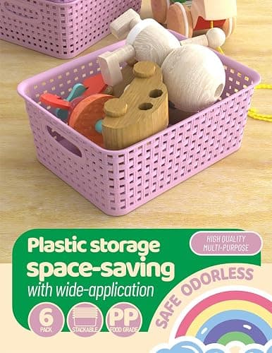 WYT 6-Pack Plastic Small Shelf Storage Weave Baskets Organizing for Cabinets and Pantries, Lavender Purple thumbnail 5